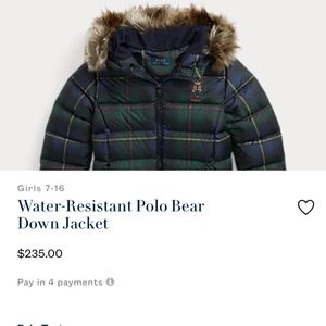 RALPH LAUREN Girls 12/14 Large Water-Resistant Polo Bear Down Jacket